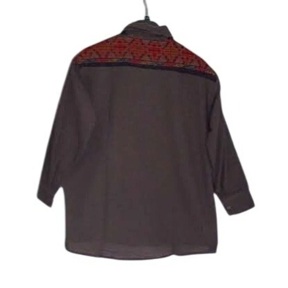 Rhea‎ Mens XL Brown 100% Cotton Boho Southwestern Embroidered Button Down Shirt